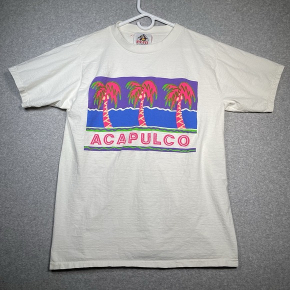 Vtg 80s/90s Acapulco T-Shirt Bye-Bye Tag Neon Palm Trees Graphic Single Stitch L - Picture 1 of 6